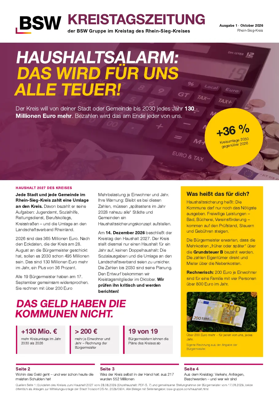Seite 1 der Kreistagszeitung: Haushaltsalarm: Das wird für uns alle teuer!